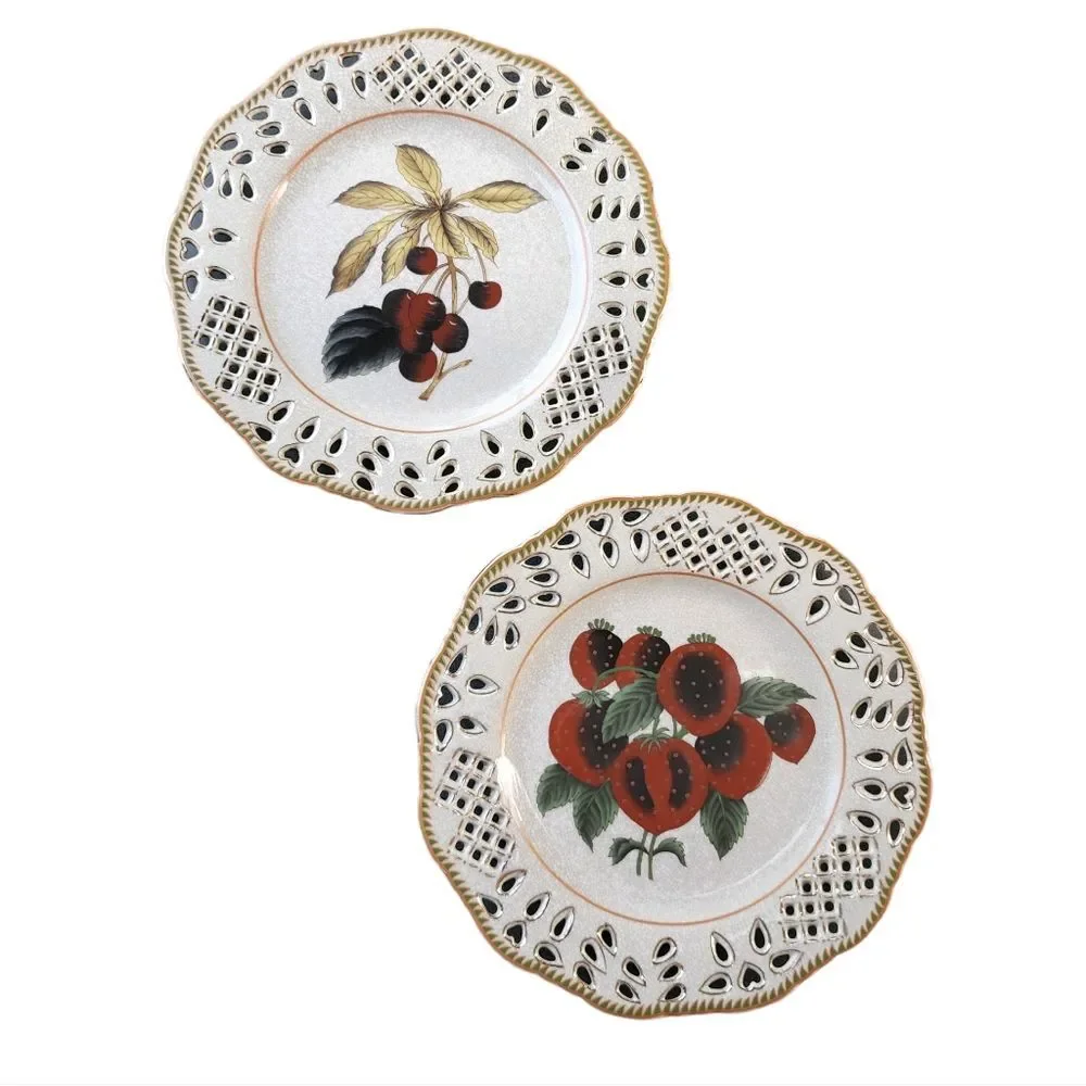 Set of Two Vintage Reticulated Porcelain Plates With Botanical Fruit Design 10.5